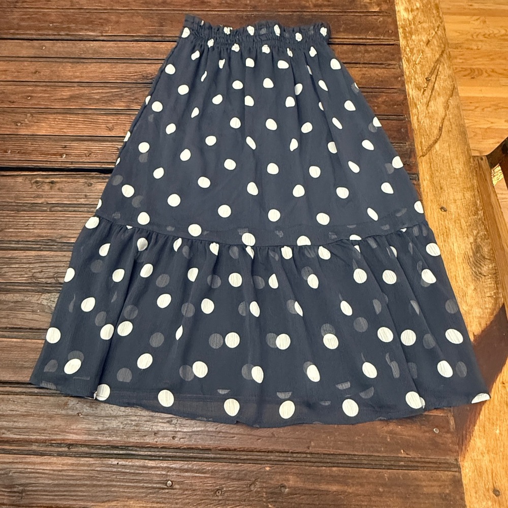 LC Lauren Conrad Navy Blue White Polka Dot Tiered Midi Skirt XS Smocked Waist